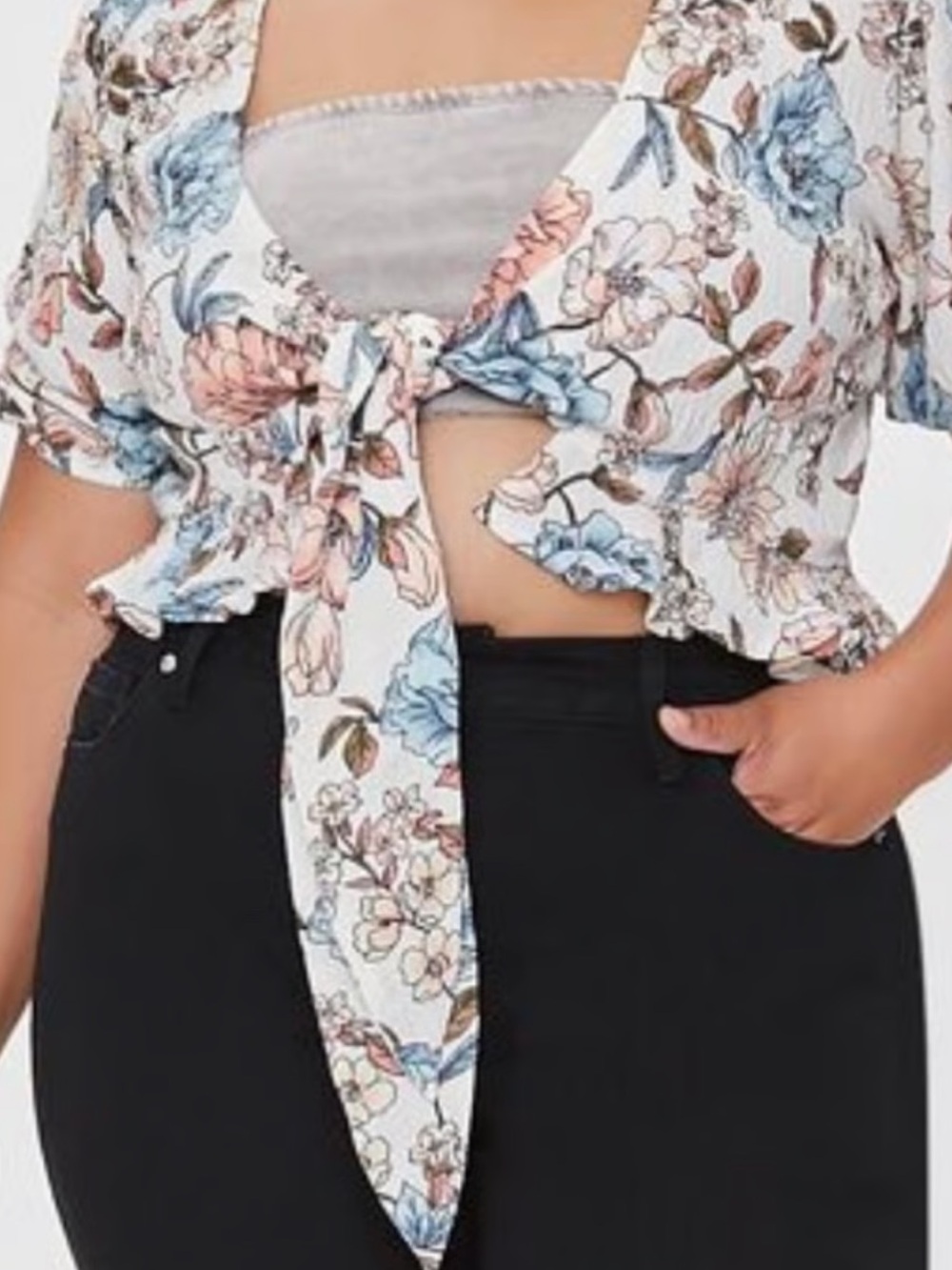 Forever 21 Cream Floral Tie-Front Blouse with Peach & Blue Blooms